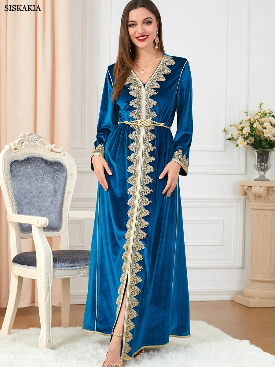 

Siskakia Velvet Tape Trim Autumn Winter Dubai Luxury Evening Dress Moroccan Caftan For Women Turkish Arab Gulf Belted Abaya