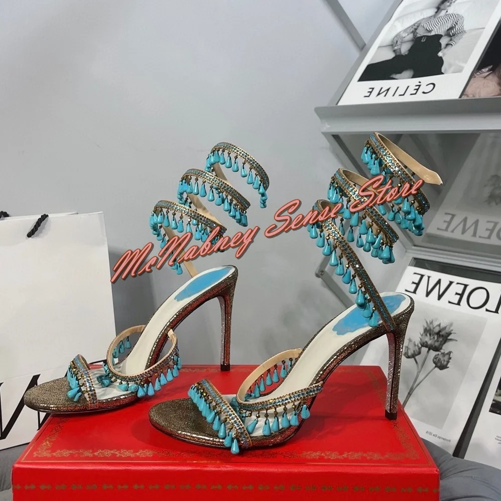 Blue Bead Fringe Sandals Snake Wrapped Slip On Thin High Heels Women Shoes Open Toe Bare Heels Mixed Colors Sandals Summer Party