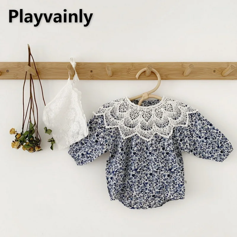 

Autumn Clothes Baby Girl Suit floral long sleeve Bodysuit+Detachable lace collar+lace cap 3pcs Sets Clothing E88155