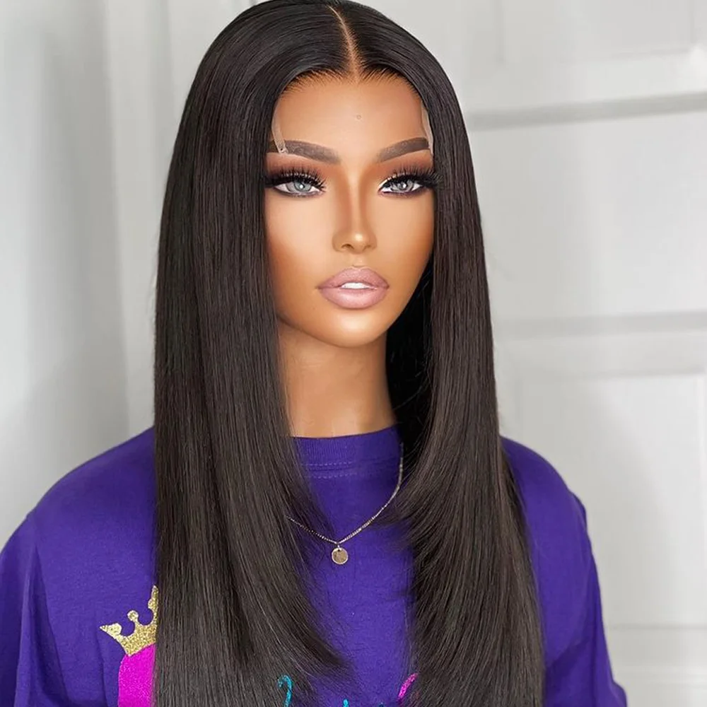 

Glueless 26 inch Long Free Part Synthetic Straight Lace Front 4x4 Silk Base Wig for Women Babyhair Black Natural Looking Daily