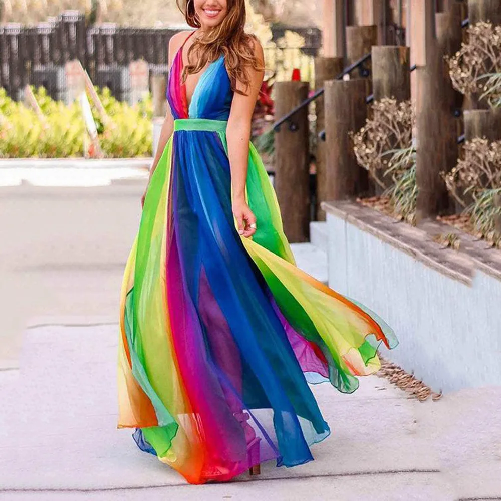 

2022 Spring Summer Women's Cross-border New Suspenders Sexy Deep V Rainbow Chiffon Slip Dress