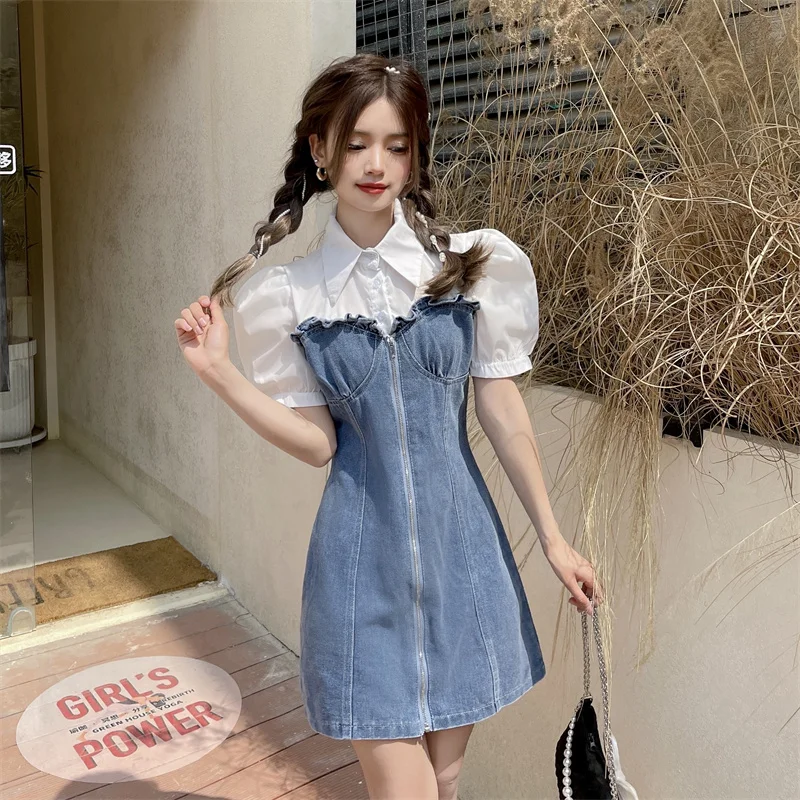 

Короткое платье с отложным воротником, модель 2022 года, женские стильные платья в стиле преппи на молнии, летние джинсовые платья, милое женс...