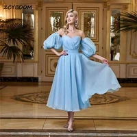 elegant baby blue prom gowns tea length off shoulder lantern sleeves backless formal evening dresses robe de soir%c3%a9e femme 2022