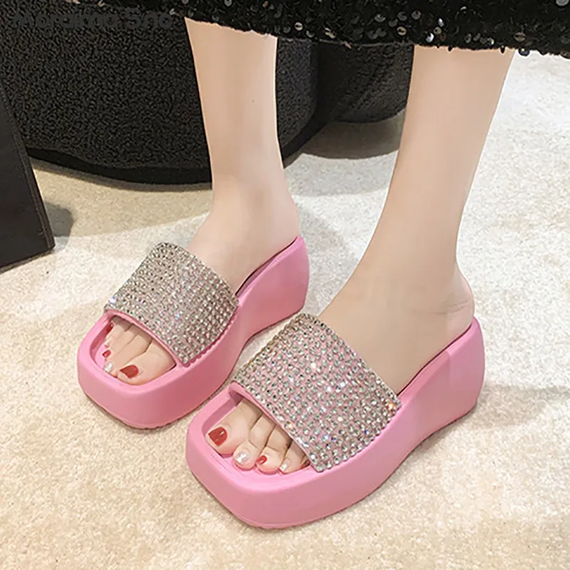 Sparkling Rhinestone Platform Slippers Summer New Round Toe High-Heeled Solid Color Seaside Open-Toed Beach Fashion Sandals