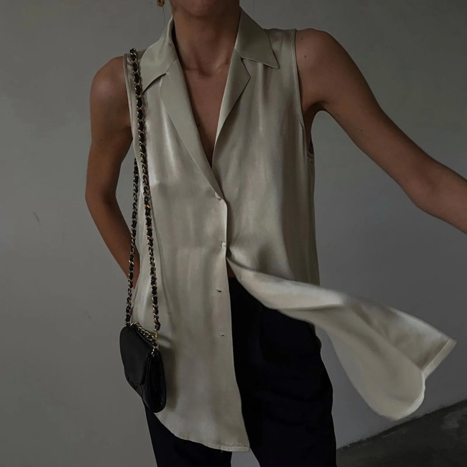 

Женская рубашка без рукавов, топ средней длины, Женская драпировка с лацканами, модные офисные женские топы, праздничные дышащие этнические Большие размеры