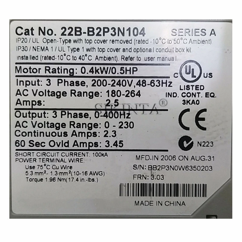

In Stock PowerFlex 40 AC Drive 22B-B2P3N104 220V 0.4KW Fully Tested