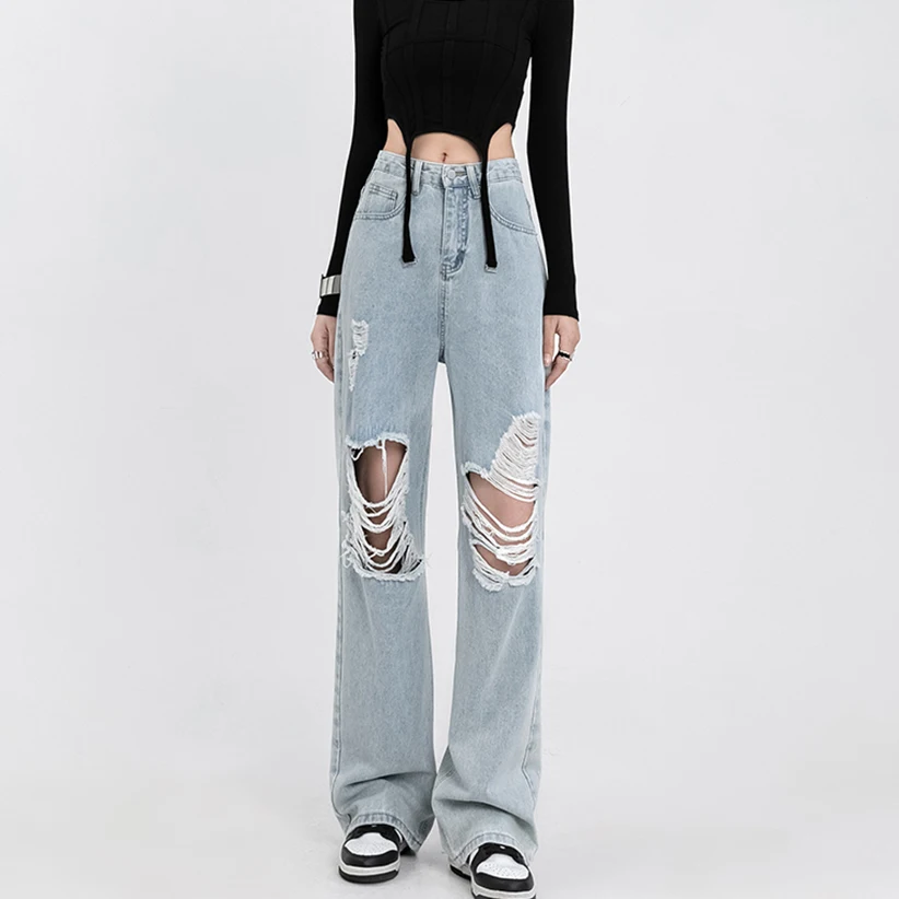 

Wide Leg ripped jeans Women 2022 Summer Fashion Streetwear Mopping Hole Beggar High Waist Denim Pants Woman Baggy jean trousers