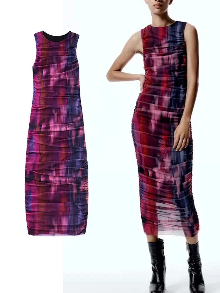 

TRAF Women Print Sheath Gradient Sexy Mesh Tank Long Dress Fashion Vintage Slim Night Party Elegant Club Chic Vestidos