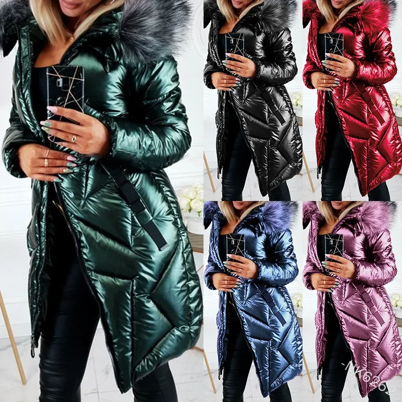 

Bright Surface Long Sleeve Warm Women Autumn Winter Long Coat Parka Fur Hooded Solid Color Fashion Casual Park Down