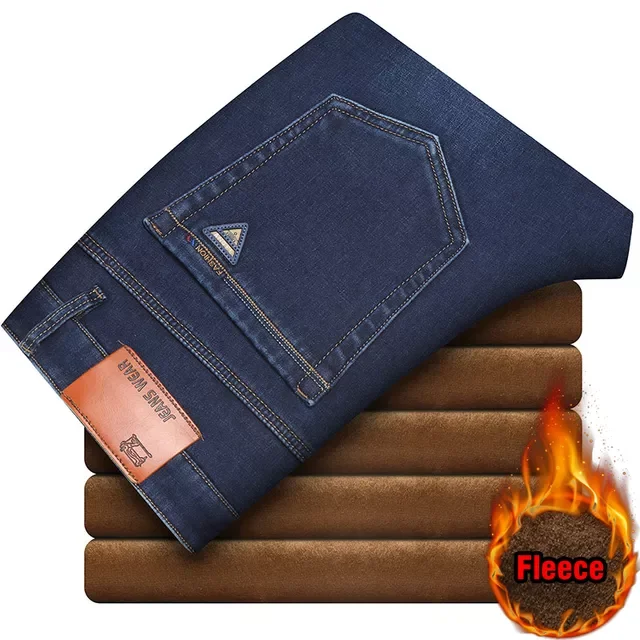 

2023New Wang Winter Men's Fleece Baggy Jeans Business Straight Thick Warm Denim Pants Stretch Black Blue Trousers Male Cloth