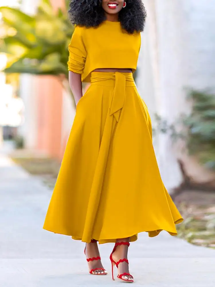 

VONDA 2022 Oversize Y2K A-line Long Skirt Suits Women Long Sleeve Crew Neck Blouse Crop Tops High Waist Pleated Solid Skirt Sets