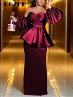 cozok women long burgundy dresses puff sleeve peplum elegant ladies sparkly elastic satin strapless formal party evening gowns