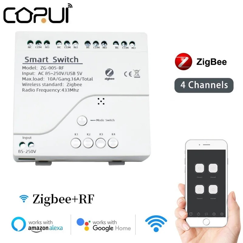 

CORUI Zigbee Беспроводной интеллектуальный коммутационный модуль 4 канала модуль автоматического включения света RF433 10A работать с Alexa помощник Tuya Smart Life "умный дом" Gatgets