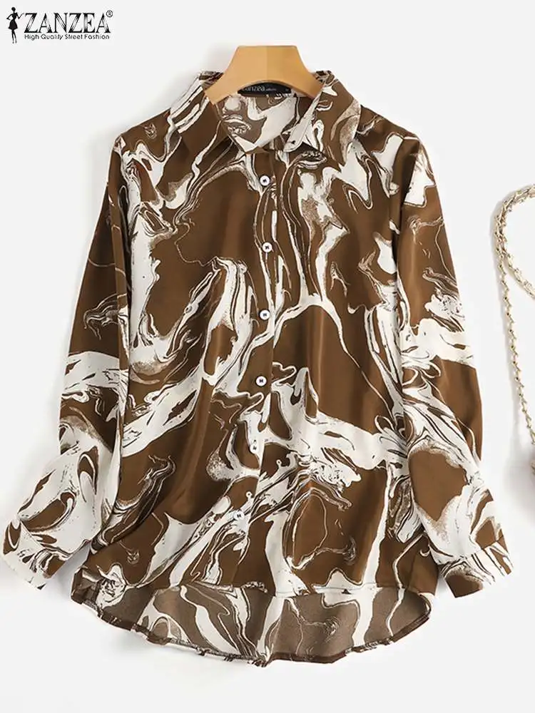 

Женская мешковатая рубашка с принтом в стиле ретро, повседневные уличные низкие рубашки, большие размеры, весна-осень, топы ZANZEA, модная Асим...