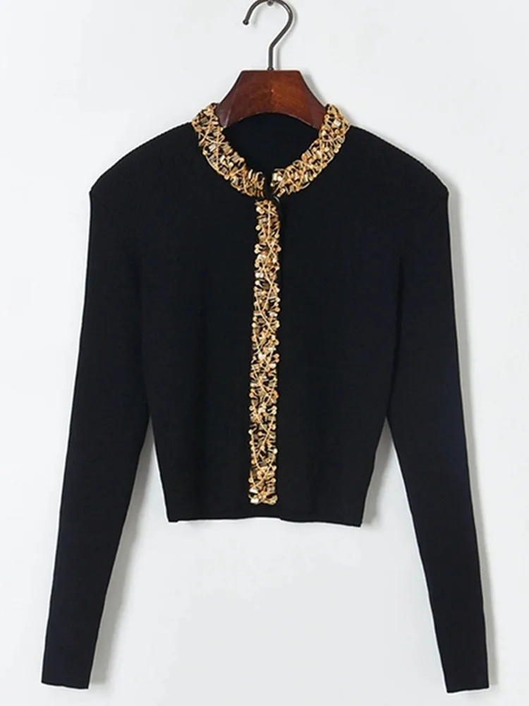 

SMTHMA High End Luxury Runway Autumn Winter Beaded Sweater Women Long Sleeve O-Neck Top Slim Short Knitted Cardigan