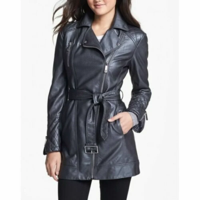 Women Genuine Leather Jacket Zip-up Long Asymmetrical Belted Gray Leather Coat