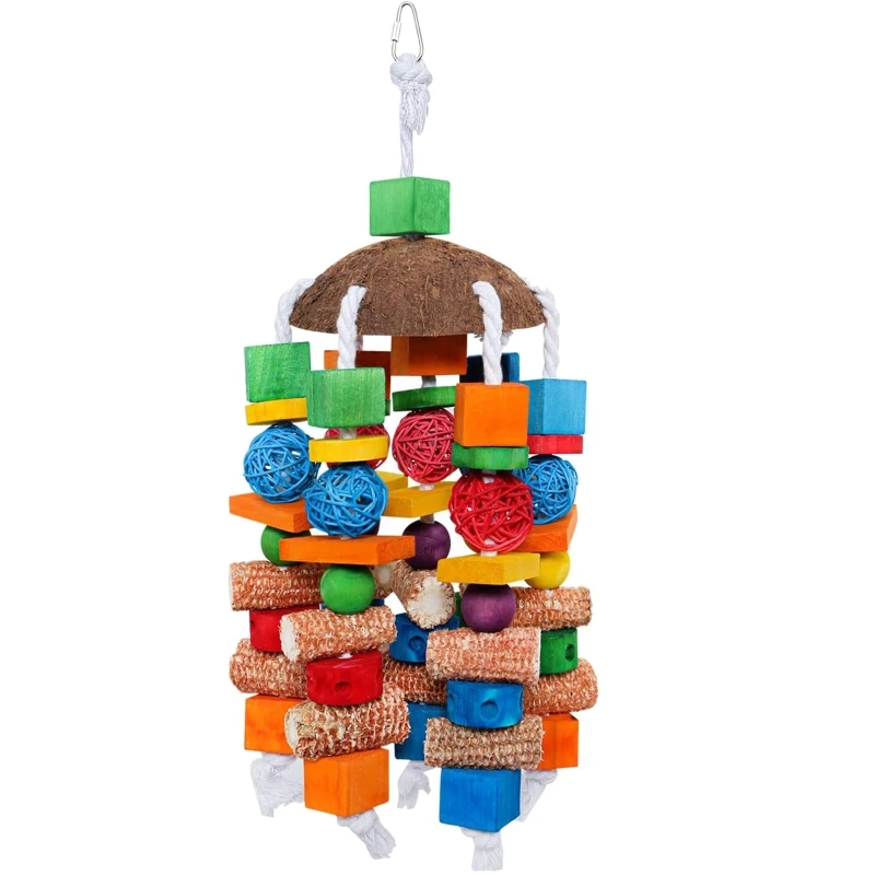 

Parrot Wooden Chewing Toy 19x8 Inches Rainbow Color Wood Blocks Hanging for Cage