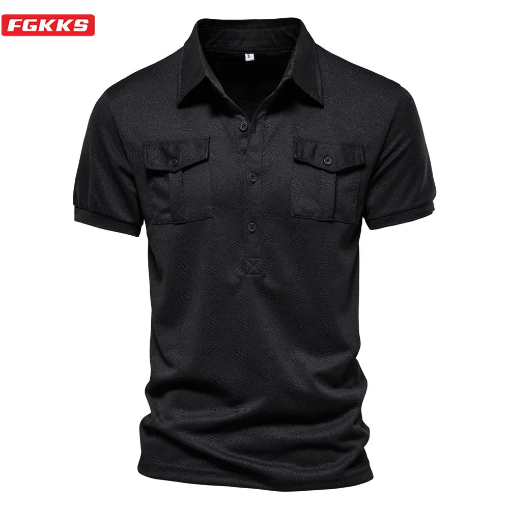

FGKKS 2022 New Summer Anit-pilling Polo Shirts for Men Double Pocket Short Sleeved Business Social Casual Men's Polos Tees