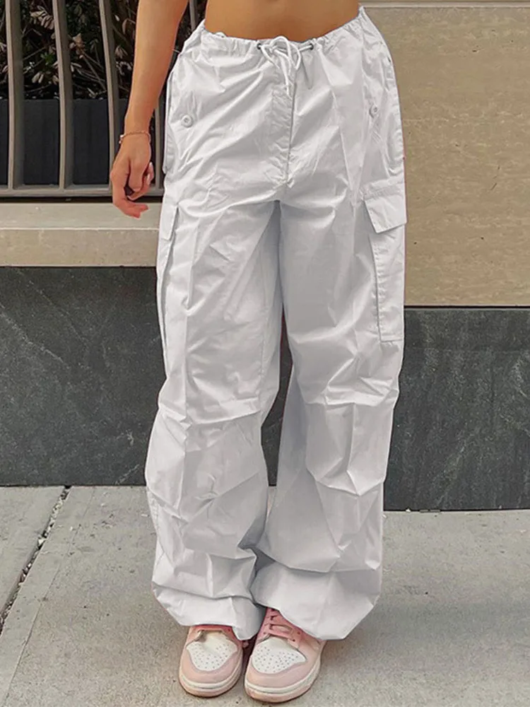 

COZOK Y2K Drawstring Low Waist Cargo Pants Women Streetwear Joggers Baggy Sweatpants Chic Solid Fashion Big Pocket Trousers 2022