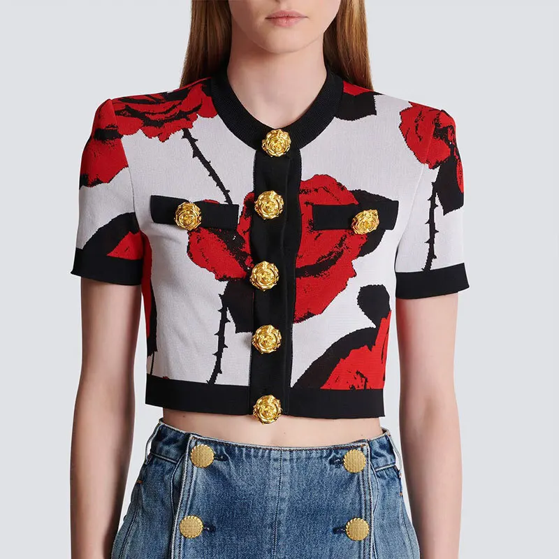 Классический короткий вязаный кардиган с принтом роз осенний новый однобортный