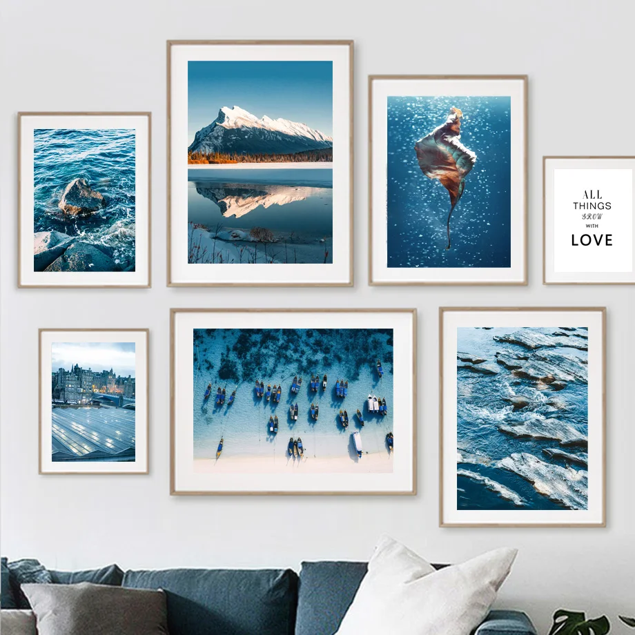 

Blue Sea Leaf Juice Boat Mountain Stone Wall Art Canvas Painting Nordic Posters And Prints Wall Pictures For Living Room Decor
