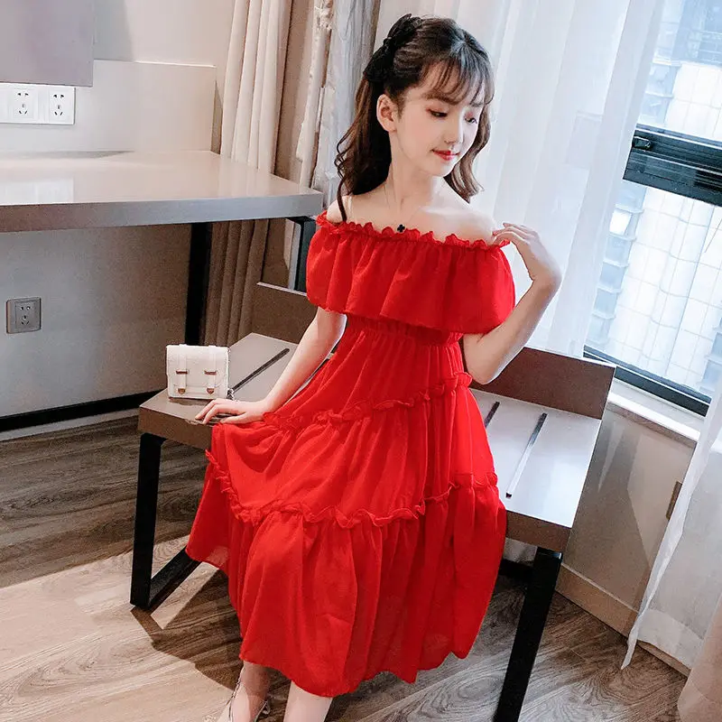 

2022 Girls Dress Summer Elegant New Children Casual Off Shoulder Chiffon Princess Teenager pleated dress mesh lace 9 10 12 year