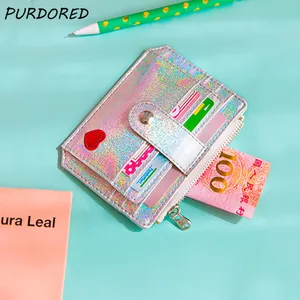 PURDORED 1 Pc Women Laser Card Holder Student Card Wallet Mini Slim Cute Laser Heart Girl Bus ID Car