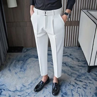 2022 pure color boutique fashion mens formal business suit trousers slim male performance dress groom trousers gray white 36