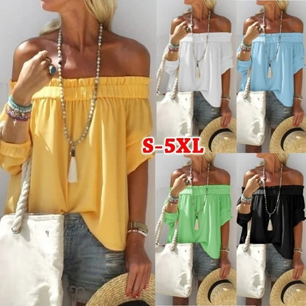 

Women Loose Casual Pure Color off shoulder Summer shirt T Shirts