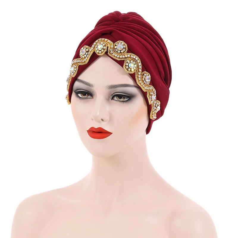 

Auto Gele Indian Pleated Hat Muslim Africa Head Wrap For Women Arab Hijab Caps Diamond Sequin Turban Crinkle Beanie Winter