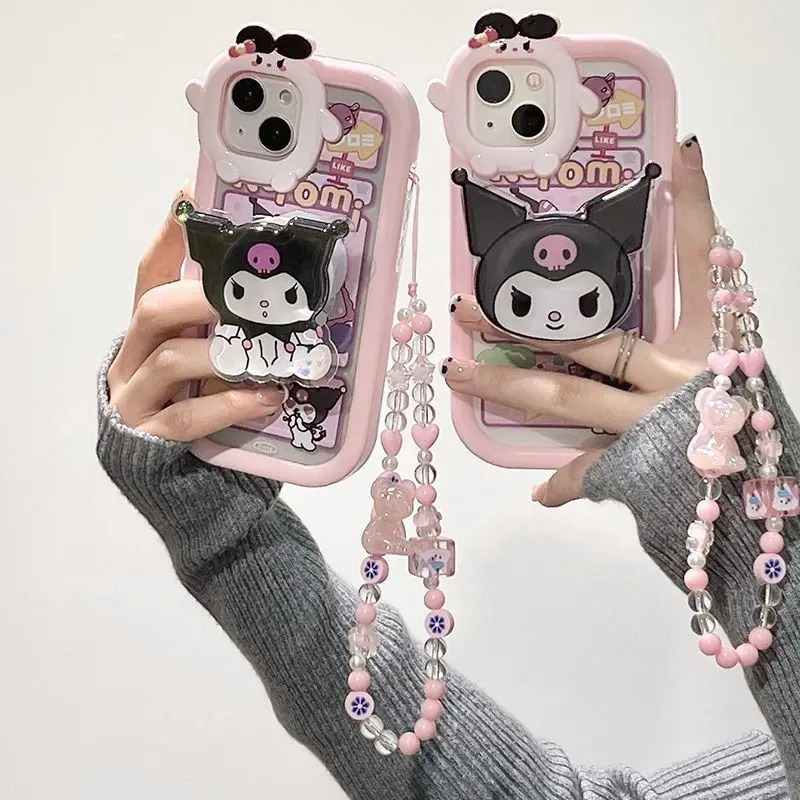 

Kawaii Sanrio Kuromi Iphone Case Quicksand Case For11 12 13Rear Bracket Cartoon Bracelet Protective Case MobilePhone Accessories