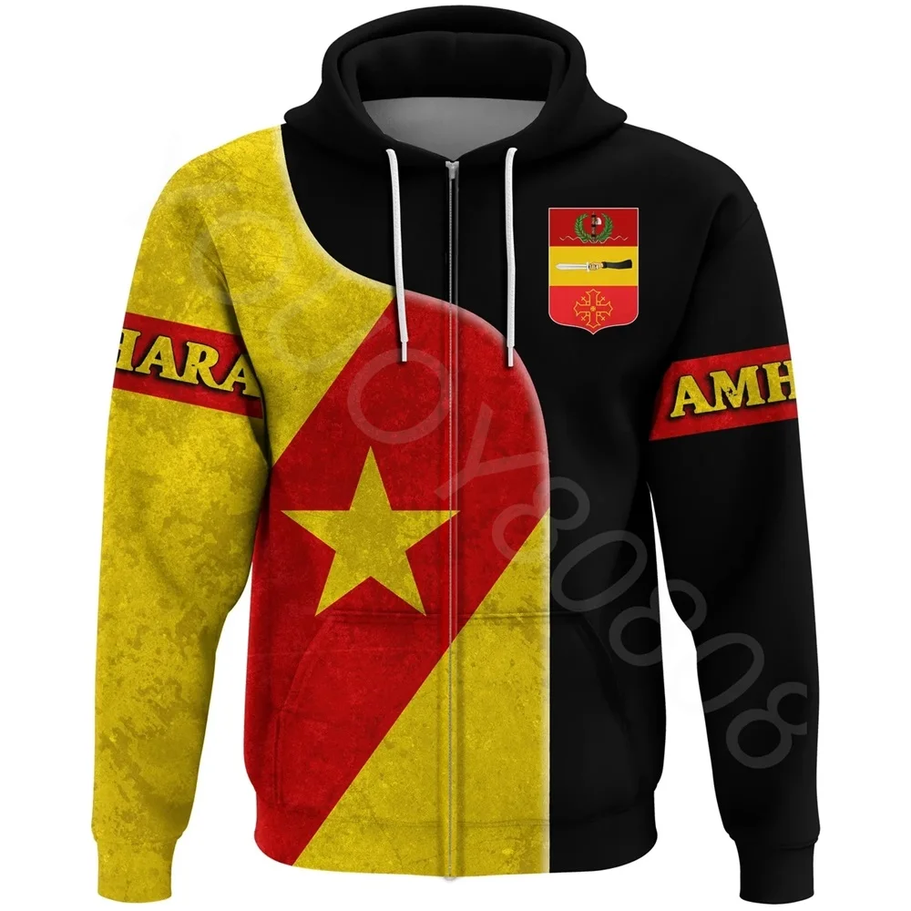 

African Region Hoodie Sweatshirt Casual Loose Autumn Winter Sweatshirt Printed Amhara Flag Badge Zip Hoodie