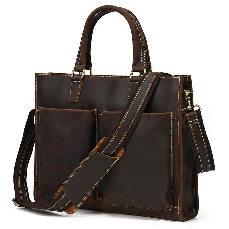 Newsbirds Leather Handbag Men 100% Cow Skin Briefcase With Shoulder Strap Laptop Handbag With 2 Front Pockets New Designer Bag
