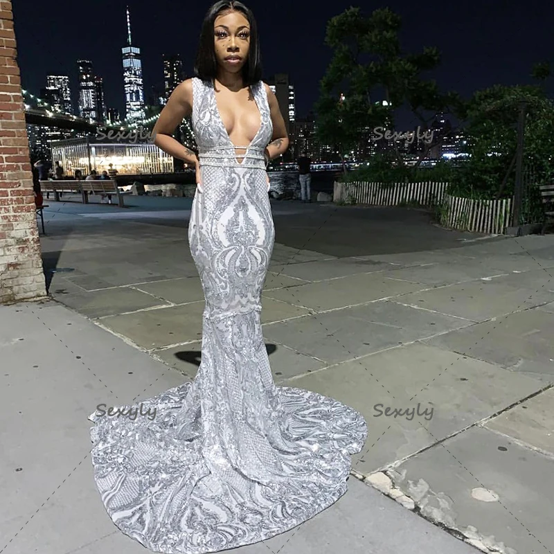 

Sexy Silver Sequin Black Girls Prom Dress 2022 V Neck Mermaid Evening Gowns Sleeveless African Aso Ebie Dinner Party Wear Dress