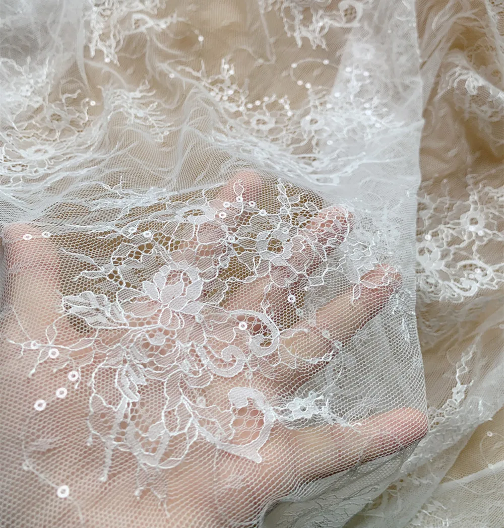 

New Thin Wedding Dress Base Fabric With Soft Touch, Natural Off White Glitter, Embroidered Lace Accessories