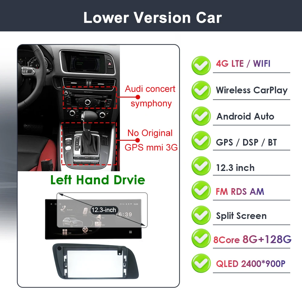 

Android15 для Audi Q5 2009-2017 беспроводной CarPlay автомобильный мультимедийный стерео GPS Navi радиоплеер 4G WIFI Bluetooth QLED сенсорный экран