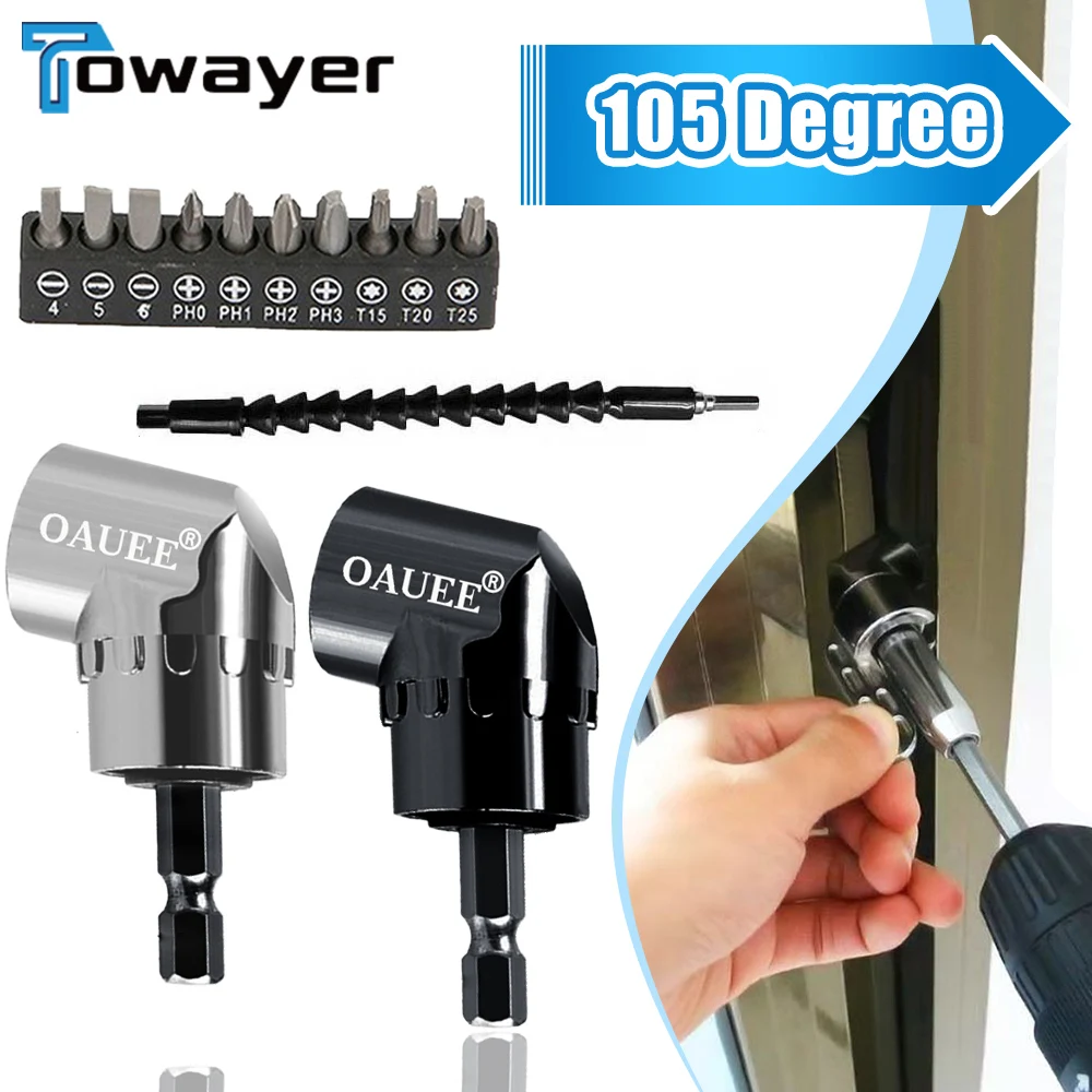 

105 Degree Right Angle Drill Attachment and Flexible Angle Extension Bit Kit for Drill or Screwdriver 1/4" Socket Adapter Tool