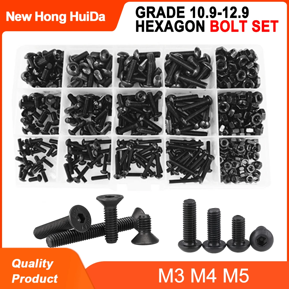 

Hexagon Socket Cap Button Head Machine Grade 12.9 Screws Nuts Kit M3 M4 M5 Countersunk Hex Alloy Steel Bolts10.9 Grade Bolt Set
