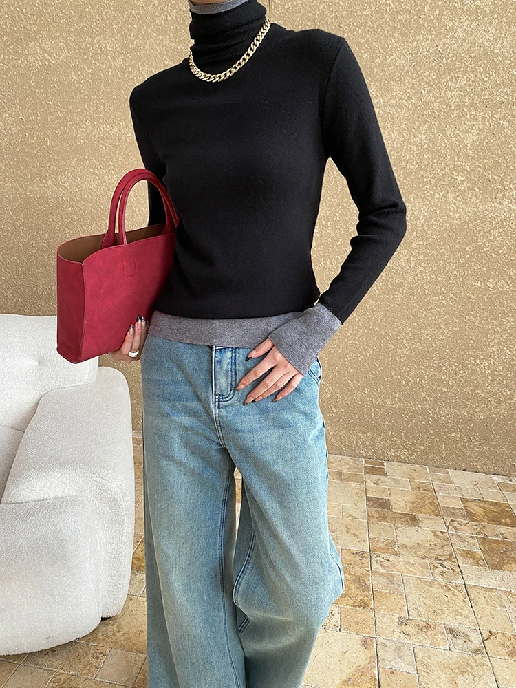 [EAM] Серый тонкий вязаный свитер с цветными блоками водолазка длинным рукавом