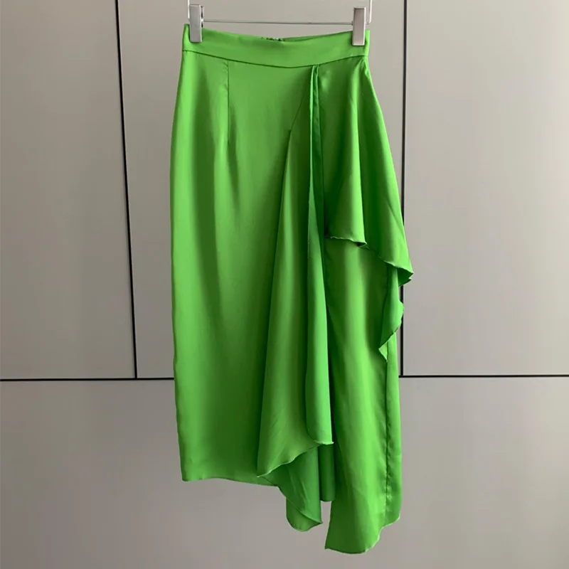 

Runway Luxury Lady Satin Long Green Skirts Midi Womens 2022 Elegant Solid Vintage High Waist Irregular Slit Skirt Top Quality