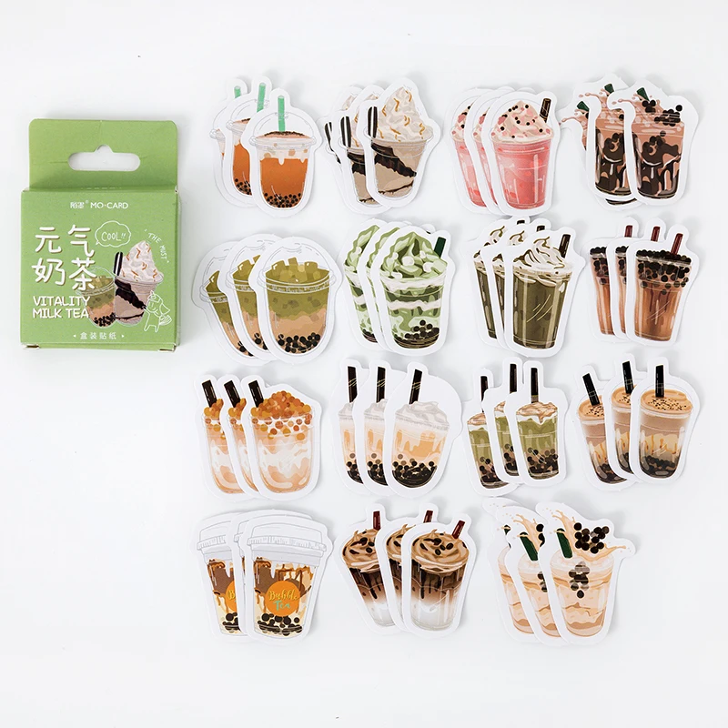 

40Packs Wholesale Box Stickers Stationery Milk Tea Drink account decorative Adhesive Scrapbook Material Paper handmade 4CM
