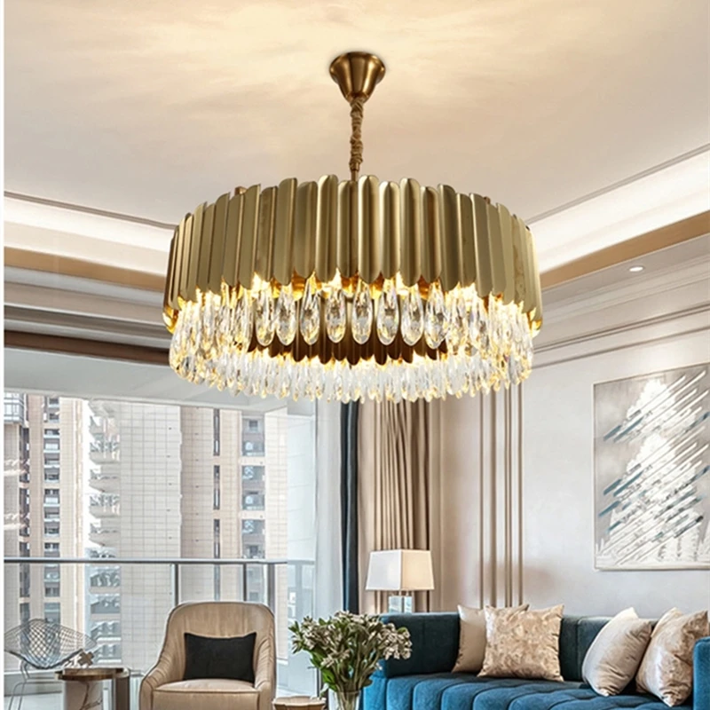 

Pendant Lights Hong Kong Style LED Round Chandelier Living Room Bedroom Kitchen Hotel Stainless Steel Lamp Body K9 Crystal Lamp