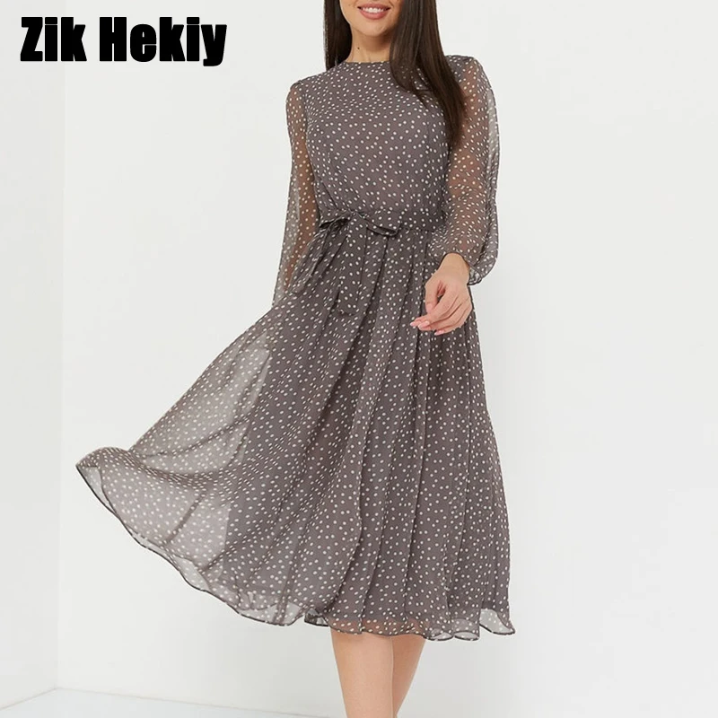 

Zik Hekiy Elegant Dot Print Long Sleeve Women Dresses 2021 New Boho Casual O-neck Chiffon A-line Dress Vintage Party Vestidos