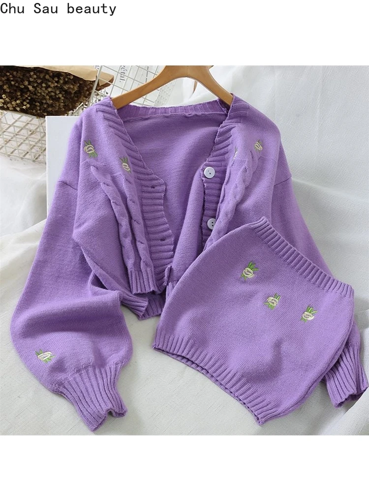 

Chu Sau beauty 2023 Women Autumn Fashion Sweet Floral Embroidery Knitted Cardigans Chic Tube Top Sweaters Long Sleeve Knitwears