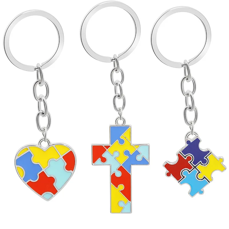 

Creative All-Match Four-Color Puzzle Oil Dripping Stitching Color Heart-Shaped Cross Keychain Pendant