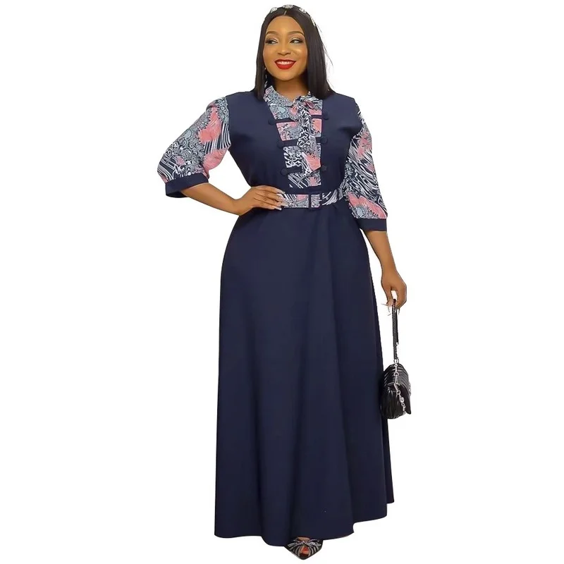

2022 Summer Fashion African Women Short Sleeve Printing Polyester Green Pink Navy Blue Long Dress African Print Dresses L-3XL