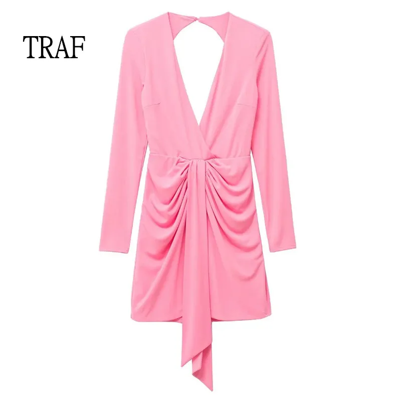 

TRAF Pink Women Dress Sexy V neck Ruched Mini Dress Woman Back Cutout Women Dresses Elegant Bow Short Ladies Dresses Summer 2022