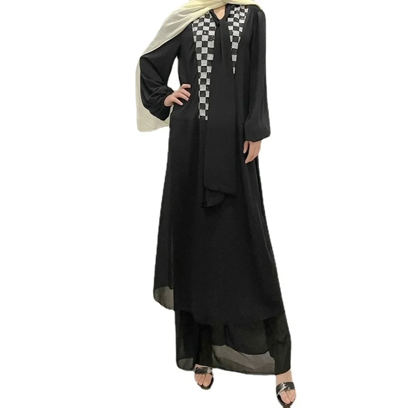 Summer Sequin Chiffon Arabic Long Dress for Muslim Women Dubai Abaya Turkey Pakistani Islamic Clothing African Dresses for Women