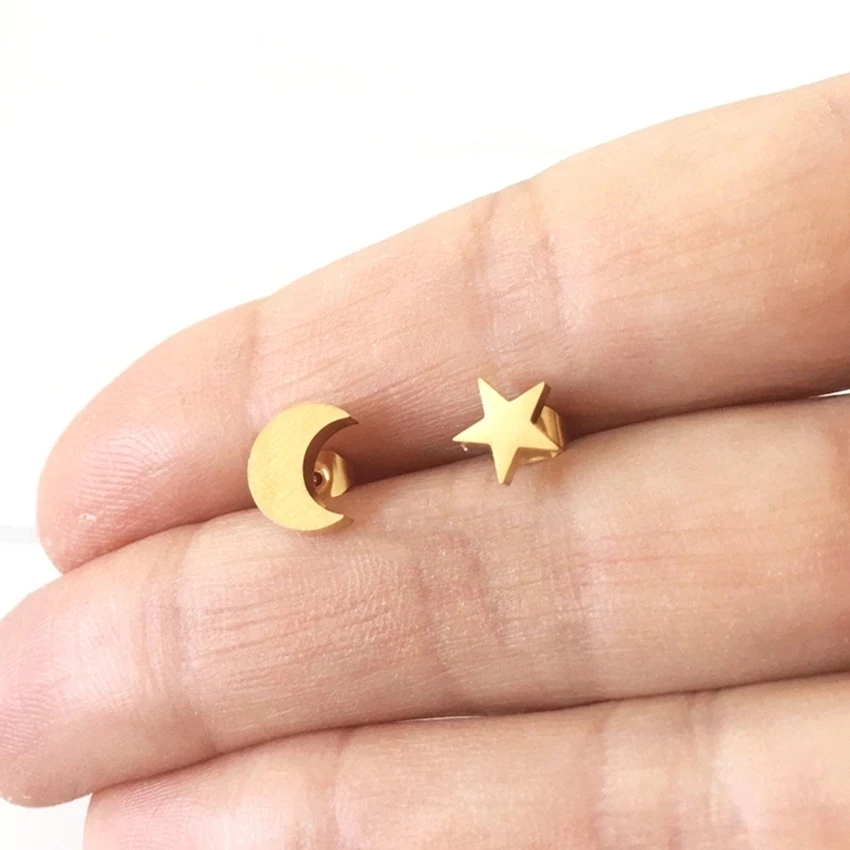 

V Attract 10pair Stainless Steel Simple Star and Moon Stud Earrings Gold Mini Jewelry Brincos Bijoux Femme BFF Gift