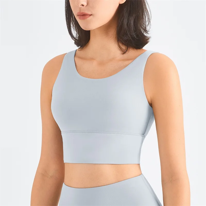 Solid Color Fitness Bra Women Sports Tank Tight Gym Yoga Vest Crop Top Ribbed Square Neck High Collar To Prevent Glare Chest Pad